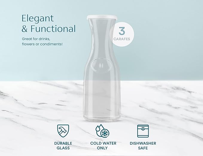 Glass Carafe Pitchers, by Kook, Large Carafe - set of 3, Beverage Dispensers, Clear Jugs For Mimosas, Water, Wine, Milk and Juice, with Plastic Lids, 50 oz Dishwasher Safe - Image 7