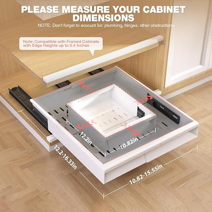 Seinloes 2 Pack Pull Out Cabinet Organizer With Raising Pad for Framed Cabinets,Expandable Width (11"-16") and Depth (13"-17"),3 Slide Rails Slide Out Drawers with Handle,No-Drill Roll Out Shelf,White - Image 5
