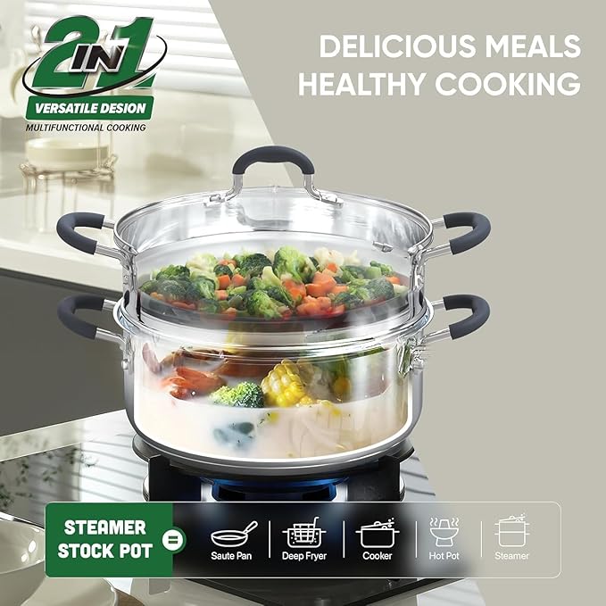 SUNHOUSE - 3.1 Quart Steamer Pots with Lid 2-Tier Multipurpose Stainless Steel Steaming Pot Cookware with Handle for Vegetable, Dumpling, Sauce, Food - Triple Bottom, Measurement Line - Image 2