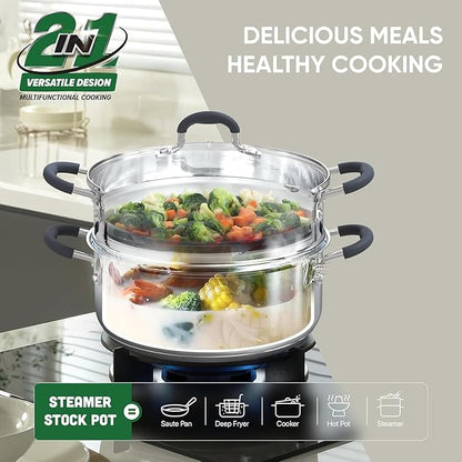 SUNHOUSE - 3.1 Quart Steamer Pots with Lid 2-Tier Multipurpose Stainless Steel Steaming Pot Cookware with Handle for Vegetable, Dumpling, Sauce, Food - Triple Bottom, Measurement Line - Image 2