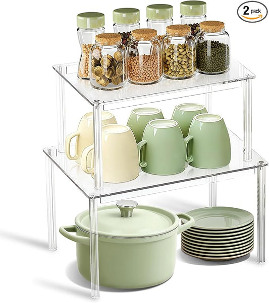 Clear Kitchen Cabinet Organizer, Set of 2 Stackable Spice Rack, Acrylic Shelves for Pantry Organizers and Storage, Tiered Spice Organization for Cabinet, Shelf Organizer for Desk Countertop