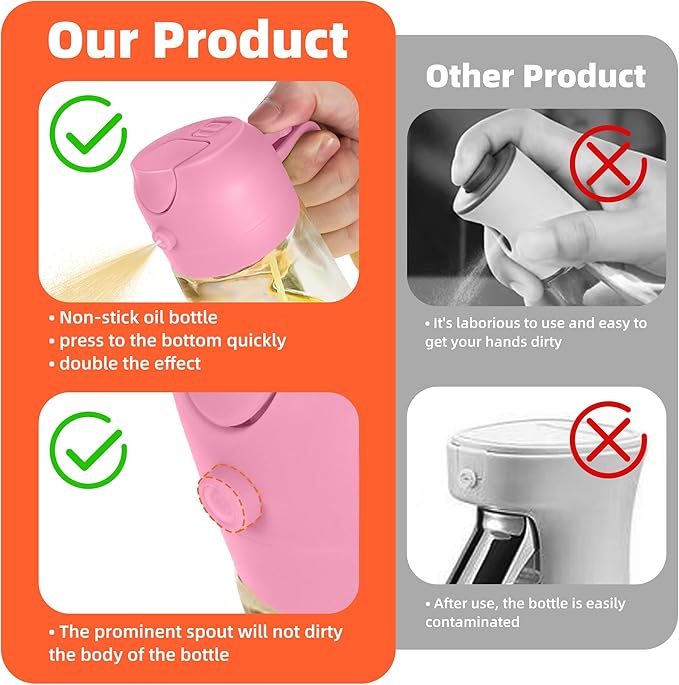 TrendPlain 16oz/470ml Glass Olive Oil Sprayer for Cooking - 2 in 1 Olive Oil Dispenser for Kitchen Gadgets, Air Fryer, Salad, and BBQ - Bubblegum - Image 6
