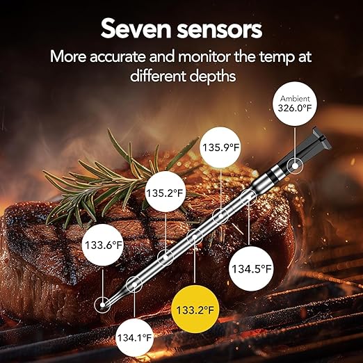 BBQOVN WiFi Sub-1G Wireless Meat Thermometer Unlimited Range 7 NIST Certified Sensors with Ambient Temp 2 Temp Monitoring Ways Digital Smart Base and App for BBQ, Smoker, Grill, Oven (Dual Probes)