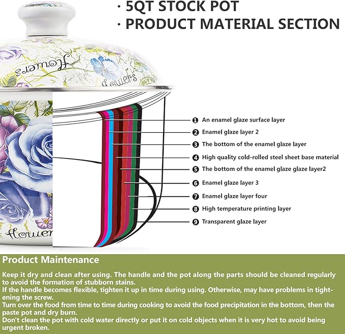 Retro Flower Enamel Stockpot with Lid,Stockpots for Cooking,Retro Classic Design(5L-Blue Rose) - Image 3