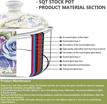 Retro Flower Enamel Stockpot with Lid,Stockpots for Cooking,Retro Classic Design(5L-Blue Rose) - Image 3