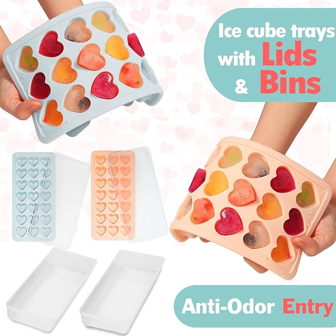 2 Pack Heart Shpaed Ice Cube Trays with Lids, 42 Holes Silicone Heart Ice Cube Molds for Whiskey, Cocktail, Fun Shapes Ice Cubes, Chocolate, Candle, Candy, Jelly, Jello - with Lids Bins - Image 3