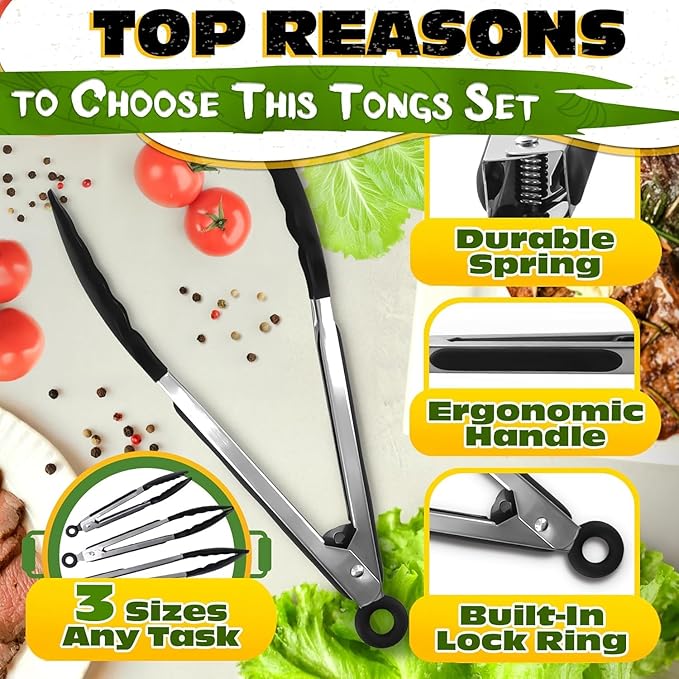 Kitchen Tongs Set of 3-7/9/12" Silicone Tipped Tongs for Cooking with Stainless Steel Build for Heat Resistant Handling, Non Stick & Easy-Lock Storage – Versatile Set for Meat Flipping & Salad Prep - Image 4