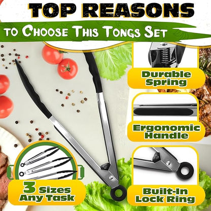 Kitchen Tongs Set of 3-7/9/12" Silicone Tipped Tongs for Cooking with Stainless Steel Build for Heat Resistant Handling, Non Stick & Easy-Lock Storage – Versatile Set for Meat Flipping & Salad Prep - Image 4