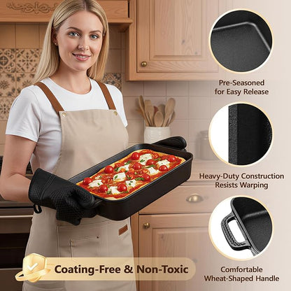 Cast Iron Detroit Pizza Pan - 9x13 Inch Pre-Seasoned Deep Baking Dish for Casserole, Focaccia, Lasagna