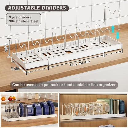 Magheo Expandable Food Storage Container Lid Organizers, 22" Pots and Pans Organizer Under Cabinet with 9 Adjustable Dividers Pot and Pan Lid Holders Rack Inside Cabinet(White,1 Pack) - Image 2