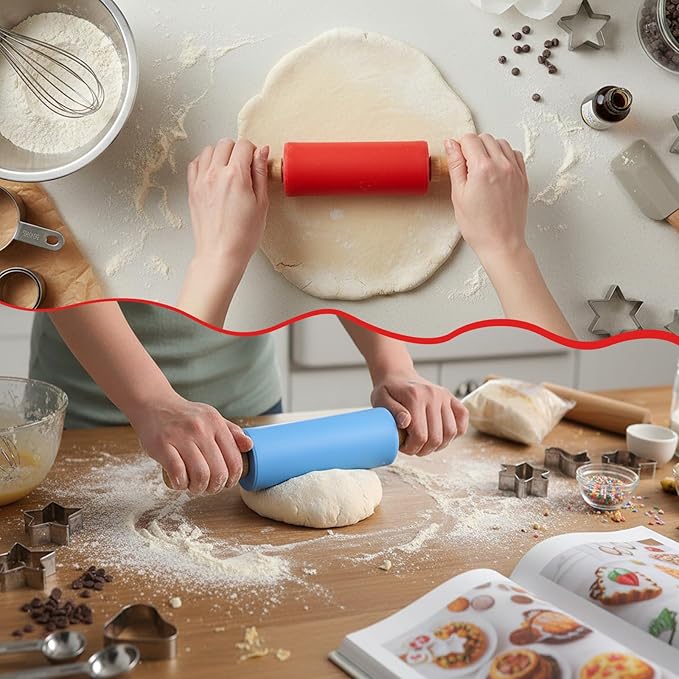 10 Pcs Mini Rolling Pin, 9 Inch Small Silicone Rolling Pin for Baking Non Stick Dough Roller with Wooden Handle 5 Colors for Kitchen Cookie Pastry Fondant Cake