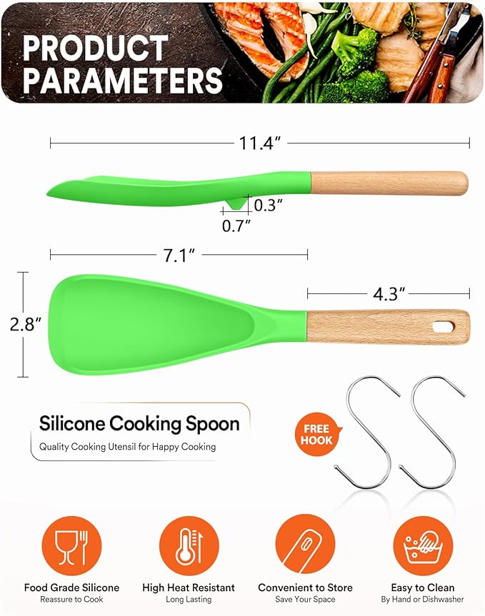 Cooking Spoon for Nonstick Cookwares, Great for Cooking and Serving Sturdy BPA-Free Matte Silicone, Wood Handle Spoon for Mixing, Scoop, and Scrape (AGR, 11.4 inch) - Image 2