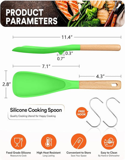 Cooking Spoon for Nonstick Cookwares, Great for Cooking and Serving Sturdy BPA-Free Matte Silicone, Wood Handle Spoon for Mixing, Scoop, and Scrape (AGR, 11.4 inch) - Image 2
