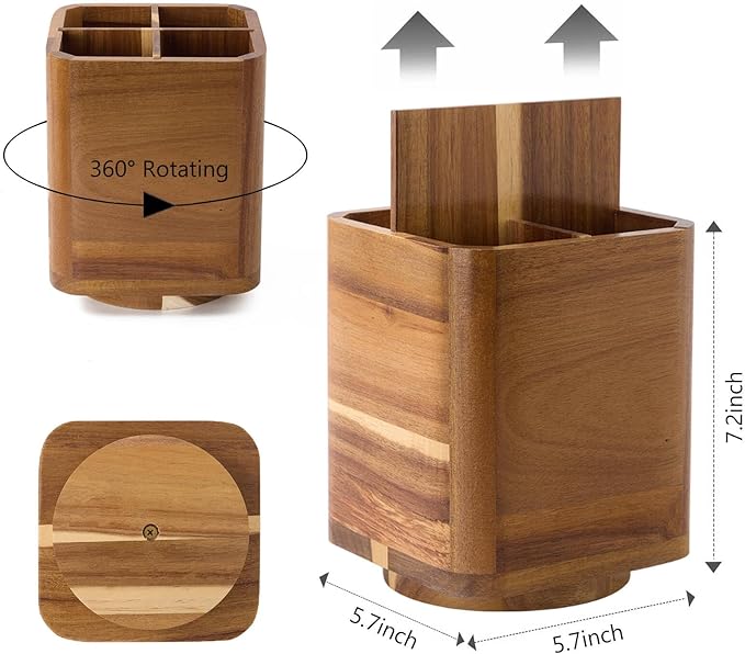Wood Utensil Holder for Kitchen Counter, 360° Rotating Kitchen Utensil Holder, 7.2"x 6" Large Acacia Cooking Utensil Crock for Countertop (SQUARE) - Image 3