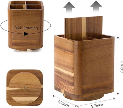 Wood Utensil Holder for Kitchen Counter, 360° Rotating Kitchen Utensil Holder, 7.2"x 6" Large Acacia Cooking Utensil Crock for Countertop (SQUARE) - Image 3