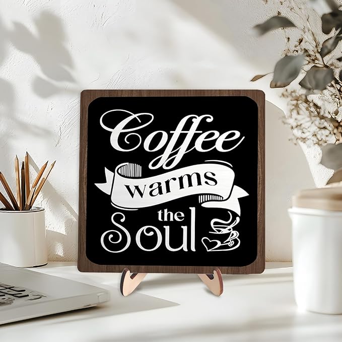 Coffee Bar Sign Plaque, Vintage Café Decor for Kitchen, Rustic Farmhouse Cafe Accessories, Themed Wall Sign for Home - Coffee Warms the Soul - Gift Idea (Black&Brown4, 5.9x5.9inches) - Image 3