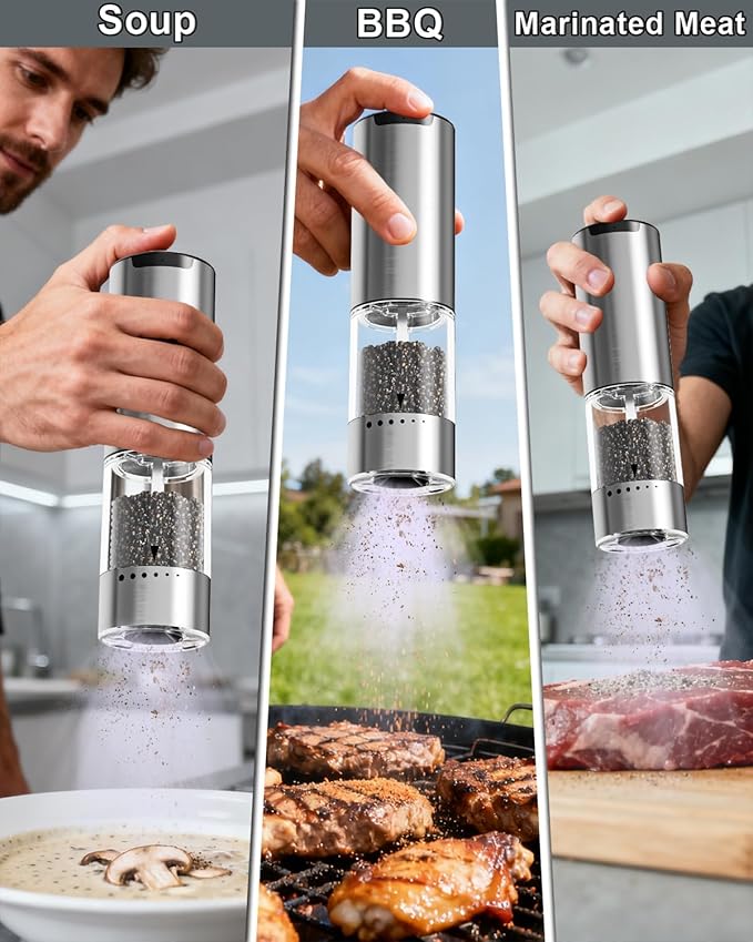 Electric Salt and Pepper Grinder Set - 6 Adjustable Coarseness, One-Handed Operation Design - Automatic Salt and Pepper Shakers with Rechargeable Base, Larger Capacity - for Kitchen, BBQ, Gift