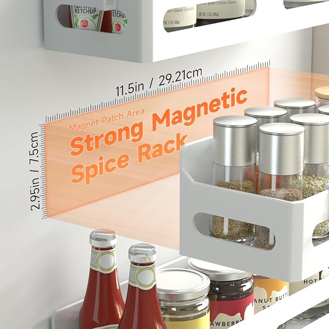 Sevenblue 6 Pack Strong Magnetic Spice Rack for Refrigerator, Multipurpose Magnetic Shelf for Fridge with 4 Hooks for kitchen and Bathroom Organization, White - Image 2