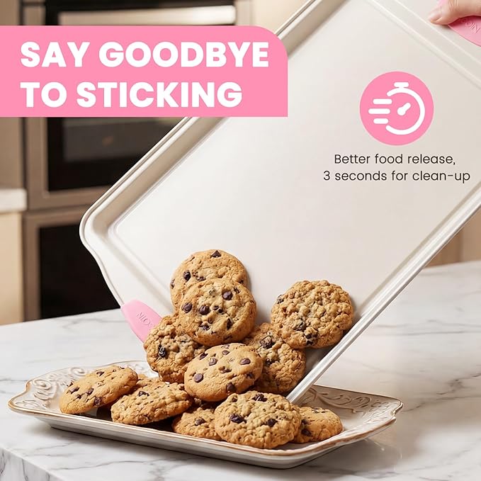 Kikcoin 22 PCS Nonstick Baking Pans Set, Stackable Bakeware Sets with Silicone Handles, 450°F Oven Safe Baking Sheet Set, Easy Release Cookie Sheets for Baking, Pink - Image 4
