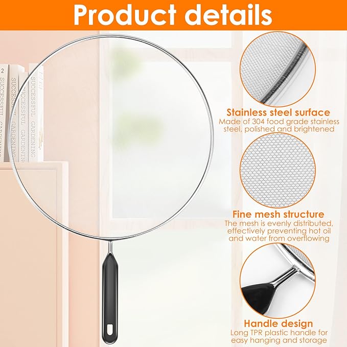 3 Pcs Splatter Guard with Handle Stainless Steel Mesh Splatter Screen Splash-Proof Oil Splatter Guard Temperature Resistant Splatter Screen Strainer Drain Board 9.8 in+11.4 in+13 in for Frying Cooking