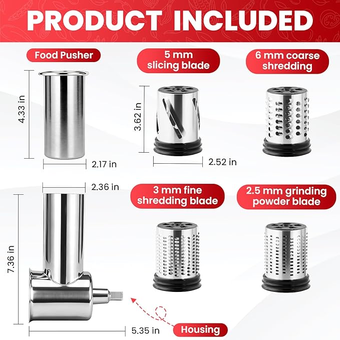 KITOART Stainless Steel Slicer Shredder & Cheese Grater Attachment for Kitchenaid Stand Mixer - Included Salad Maker, Grinding Powder, Dishwasher Safe with 4 Blades