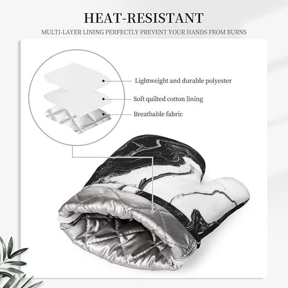 Oven Mitts and Pot Holders Marble Black White Liquid Abstract Silicone Kitchen Accessories Set of 4 Heat Resistant Long Gloves Potholder Non-Slip Grip for Chef Cooking Baking Grilling BBQ