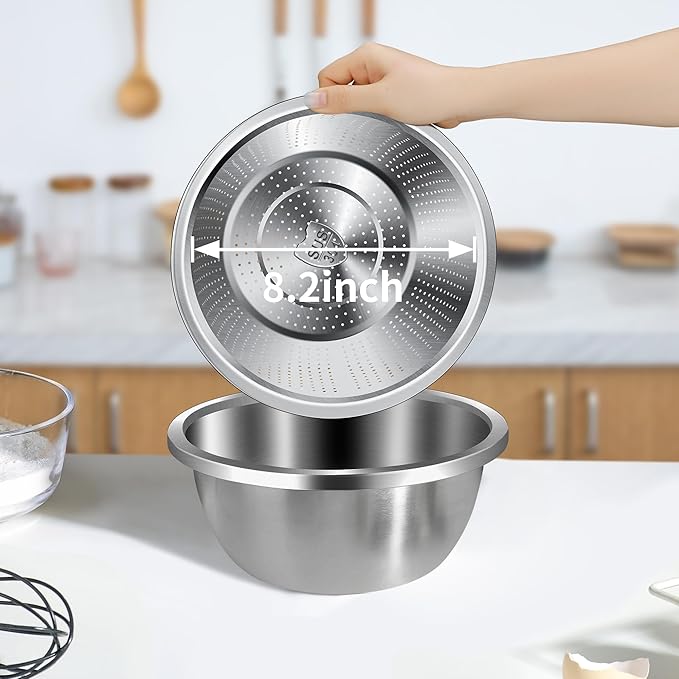 Colander 304 Stainless Steel 4-quart with Mixing Bowls, Strainer for Kitchen Food For washing vegetables, fruit, rice, Dishwasher Safe. (2PC) - Image 5