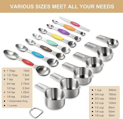 Stainless Steel Measuring Cups & Spoons Set, EWFEN Kitchen Tools Nesting Measuring Cups and Spoons, Fits in Spice Jars for Baking & Cooking, BPA Free, Set of 15 with Leveler, Multicolor - Image 2