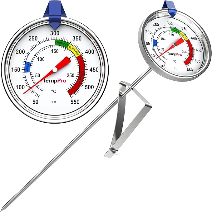 TempPro Candy Thermometer with Pot Clip, 9" Long Probe Deep Fry Oil Thermometer for Frying & Candy Making, Fryer Cooking Thermometer for Chocolate, Caramel, Brewing & Baking (Previously ThermoPro) by TempPro