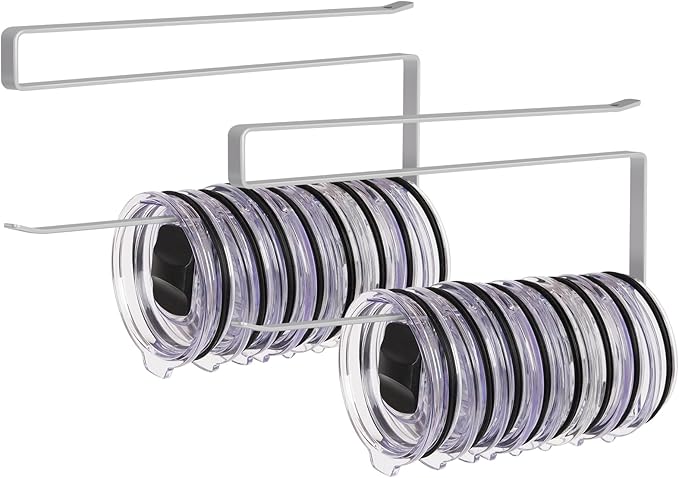 2 Pack Tumbler Lid Organizer, Horizontal Tumbler Lid Storage Hook to Hold Up 20 Lids, Space Saving Cup Lid Holders Under Cabinet Tumbler Lid Hook for Kitchen Organizer, Paper Towel Rack Hanger (Gray) by JOLENSOY