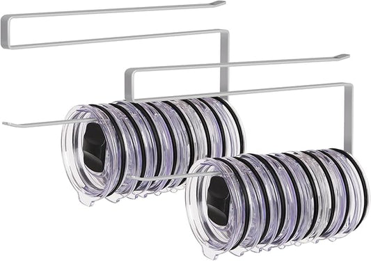 2 Pack Tumbler Lid Organizer, Horizontal Tumbler Lid Storage Hook to Hold Up 20 Lids, Space Saving Cup Lid Holders Under Cabinet Tumbler Lid Hook for Kitchen Organizer, Paper Towel Rack Hanger (Gray) by JOLENSOY