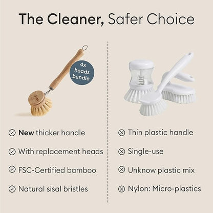 Vove Dish Brush Bundle - FSC-Certified Bamboo Dish Brush & Scrub Brush, 3 Replacement Heads - Natural Fiber Bristles - Non-Toxic, Plastic-Free Kitchen Set - Image 5