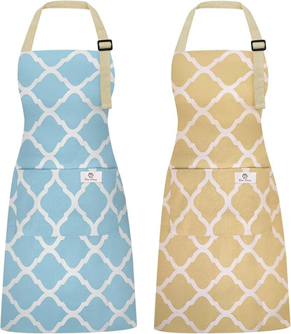 2 Pieces Aprons for Women with Pockets, Cotton Linen Waterproof Kitchen Cooking Aprons, Chef Apronfor Men Women with Adjustable Neck Strap and Long Ties(Blue/Yellow)
