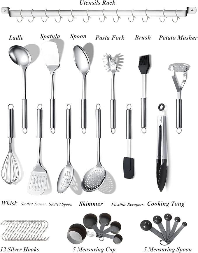 Berglander Kitchen Utensils Set 38 Pieces, Stainless Steel Cooking Utensils Set, Kitchen Gadgets Cookware, Kitchen Tool Set with Utensil Holder Rack And Hooks For Hanging Dishwasher Safe