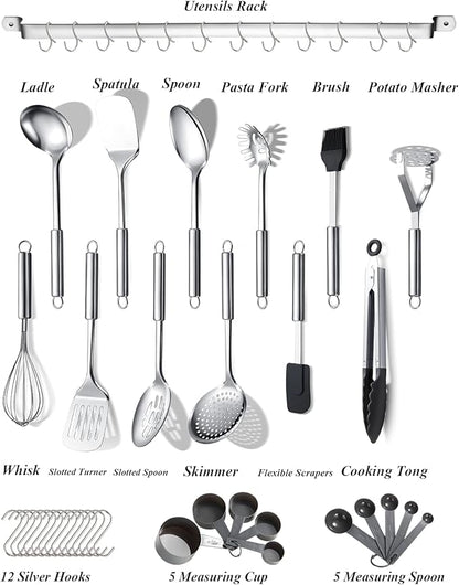 Berglander Kitchen Utensils Set 38 Pieces, Stainless Steel Cooking Utensils Set, Kitchen Gadgets Cookware, Kitchen Tool Set with Utensil Holder Rack And Hooks For Hanging Dishwasher Safe