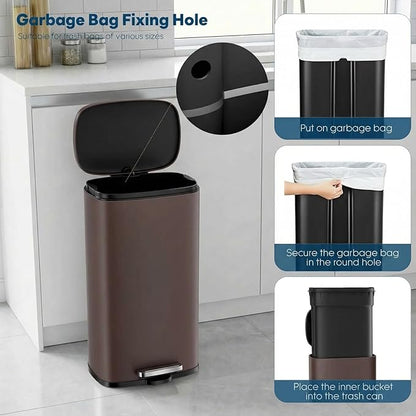 8 Gal Kitchen Trash Can, 30L Recycling or Garbage Bin, Brushed Stainless Steel Waste Basket, Soft&Quiet Close Dustbin, with Step-On Pedal, Removable Inner Bucket, for Home, Office, Living Room