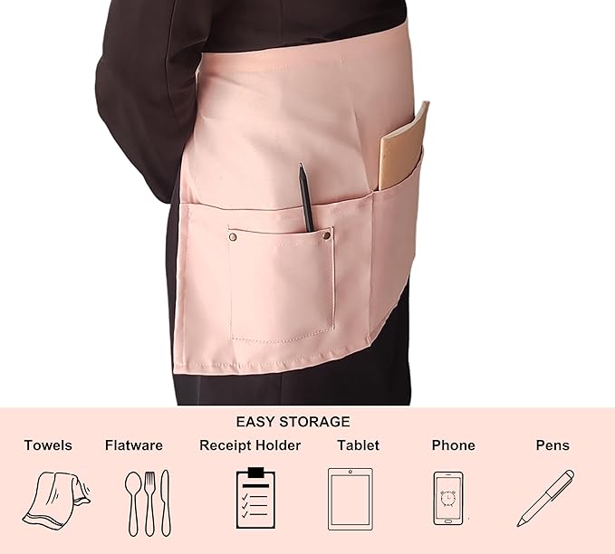TiwerlfeServer Waist Aprons with 5 Pockets - 11.5 Inch Waterdrop & Oil Resistant Waitress Waiter Half Apron