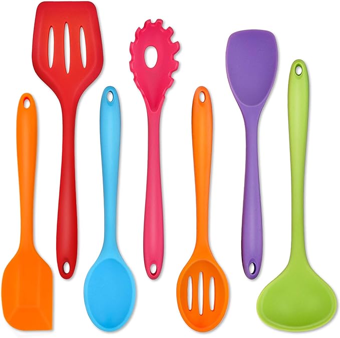 P&P CHEF Silicone Cooking Utensils Set of 7, Heat-proof Kitchen Utensils Set for Nonstick Cookware, Non-stick Spatula, Slotted Turner, Soup Ladle, Pasta Server, Spoon for Cooking Serving - Multicolor by PPCHEF