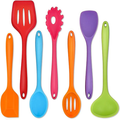 P&P CHEF Silicone Cooking Utensils Set of 7, Heat-proof Kitchen Utensils Set for Nonstick Cookware, Non-stick Spatula, Slotted Turner, Soup Ladle, Pasta Server, Spoon for Cooking Serving - Multicolor by PPCHEF