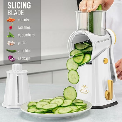 Zulay Kitchen Rotary Cheese Grater 5 Blade Cheese Shredder - Manual Hand Crank Cheese Grater With Reinforced Suction & 5 Interchangeable Drums - Easy to Use, Vegetable Chopper Round Mandoline Slicer - Image 5