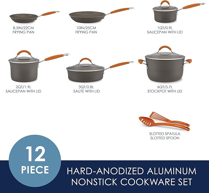 Rachael Ray Cucina Dishwasher Safe Hard Anodized Nonstick Cookware Pots and Pans Set, 12 Piece, Gray with Orange Handles - Image 2