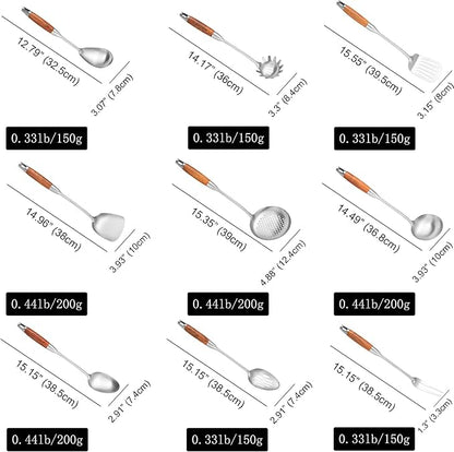 Stainless Steel Kitchen Utensils Set with Wooden Handle for Cooking 9 PCS with Solid and Slotted Spoon, Fork, Spatula, Ladle, Skimmer, Slotted Tunner, Spaghetti and Large Spoon - Image 5