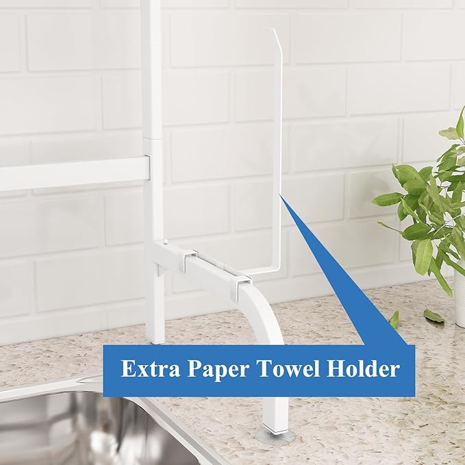 Over The Sink Dish Drying Rack, Adjustable (25.5 to 36.5 inch) 2 Tier Metal Steel Dish Drying Racks for Kitchen Counter with Hooks Paper Towel Utensil Cup Holder Sink Caddy (White) - Image 5