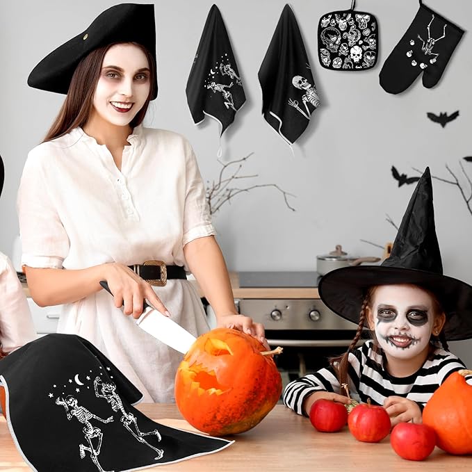 Leinuosen 8 Pcs Skull Kitchen Decor Set Kitchen Towels Gothic Oven Mitts and Pot Holders Skeleton Hand Dish Towels Horror Oven Mitts for Home Decoration Party Gifts (Black and White,Skeleton) - Image 4