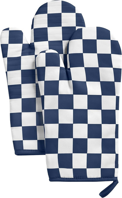 Ohocut Navy Blue Checkered Oven Mitts Heat Resistant, Vintage Retro Checkerboard Cute Oven Mitts, Non-Slip Silicone Kitchen Oven Gloves, 2-Pack Set, 7''x13''