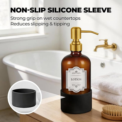 16 oz Hand and Dish Soap Dispenser Set for Kitchen and Bathroom, 500ml Amber Glass Soap Dispenser with Stainless Steel Golden Pump, Non-Slip Silicone Sleeves, Labels - 2 Pack