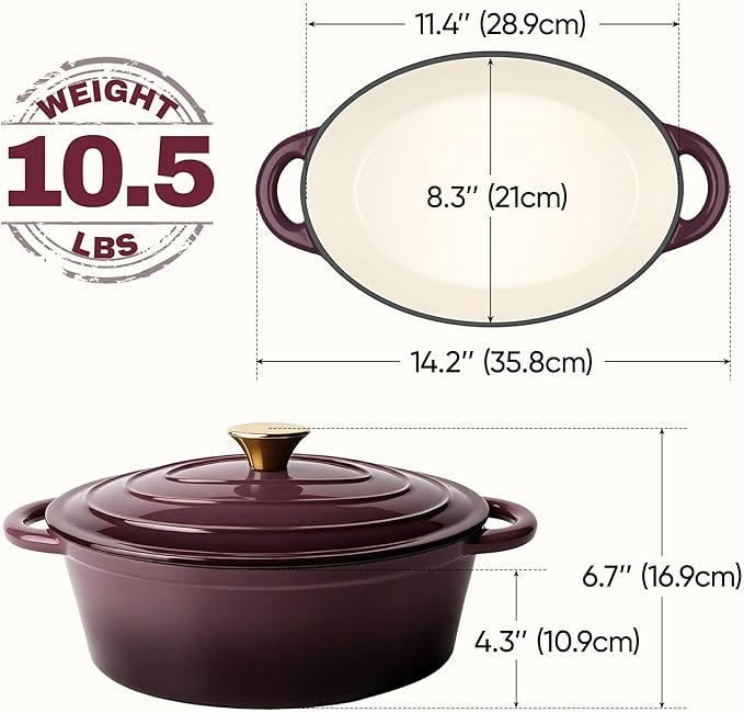 Oval Dutch Oven for Bread Baking, 4.5 Quart Non Stick Enameled Cast Iron Dutch Oven Pot with Lid, Oven Safe Oval Casserole with Lid up to 500°F for Baking, Braising, Stews, Roasting, Fig