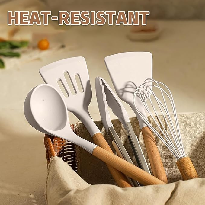 Umite Chef Kitchen Cooking Utensils Set, 33 pcs Non-Stick Silicone Cooking Kitchen Utensils Spatula Set with Holder, Wooden Handle Silicone Kitchen Gadgets Utensil Set (Khaki) - Image 6