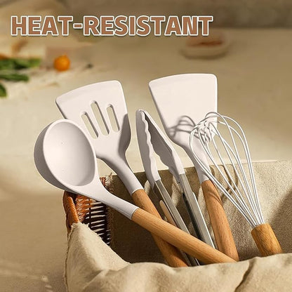 Umite Chef Kitchen Cooking Utensils Set, 33 pcs Non-Stick Silicone Cooking Kitchen Utensils Spatula Set with Holder, Wooden Handle Silicone Kitchen Gadgets Utensil Set (Khaki) - Image 6
