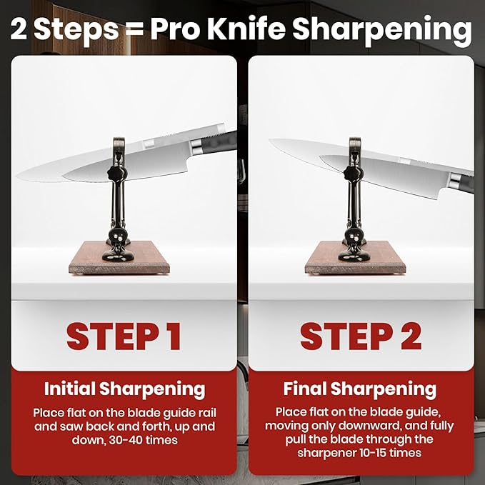 Premium Knife Sharpener with Wooden Base Ideal for Home Kitchens. V-Shape Knife Sharpener Ideal Gift for Father, Husband, Cooks & Anglers. Adjustable Angles, And a Full Metal Frame.